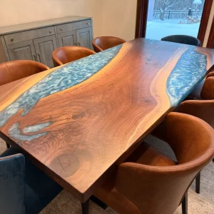 Walnut Blue Epoxy River Dining Table with Steel Legs